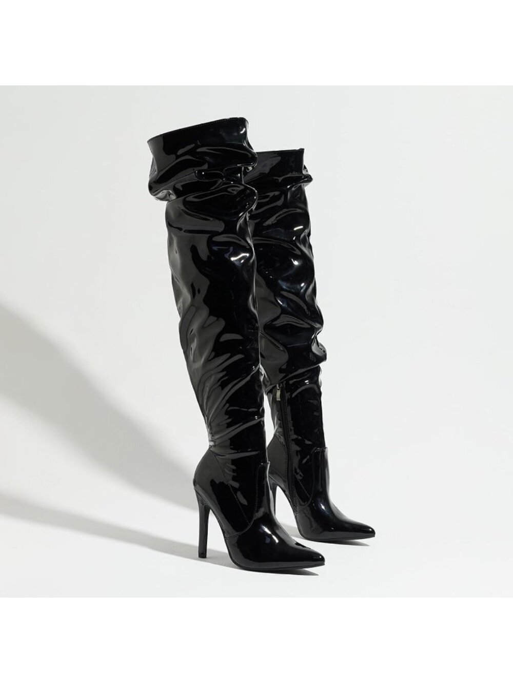 Women's Black Pointed Toe Stiletto Heel Side Zipper Dress Sexy Thigh High Boots - Picture 4 of 5